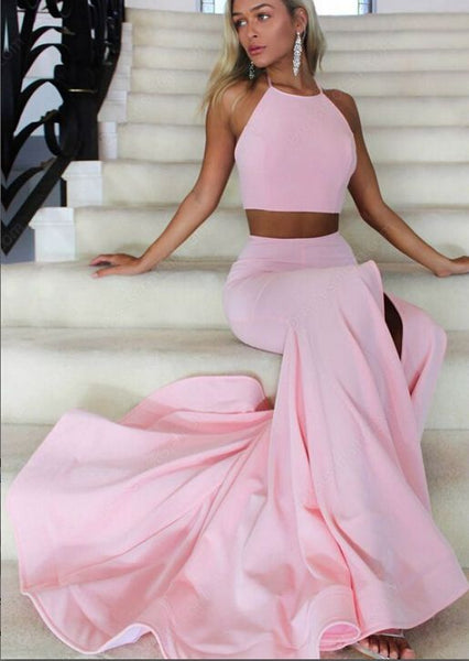 Two Piece Pink Halter Simple Slit Prom Dresses Jersey Evening Dresses