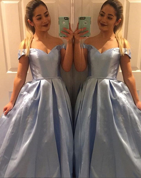 Off Shoulder Blue Long Prom Dresses Lace Up Back