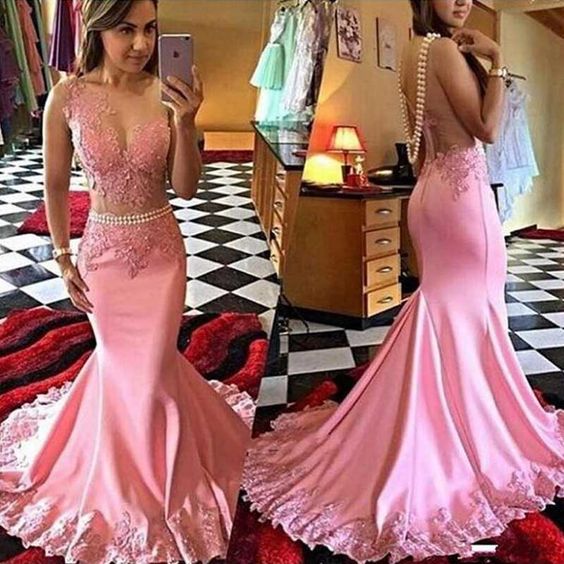 Sexy Pink Mermaid Lace Prom Dresses Long See Through Evening Dresses