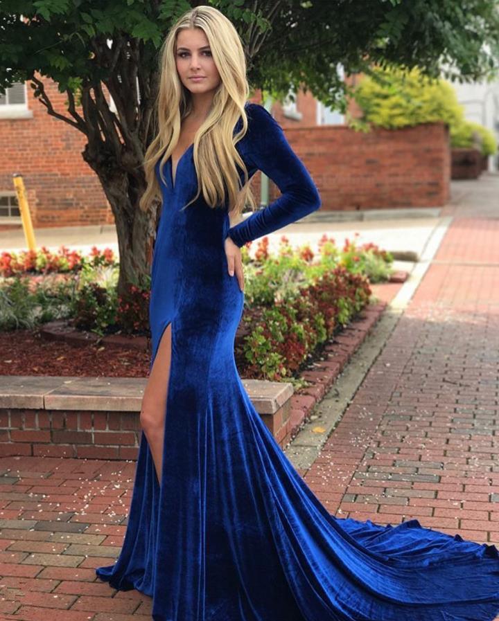 Midnight Blue Velvet Slit Long Sleeve Prom Dresses Evening Dresses Hoprom Midnight Blue Velvet Slit Long Sleeve Prom Dresses Evening Dresses Hoprom