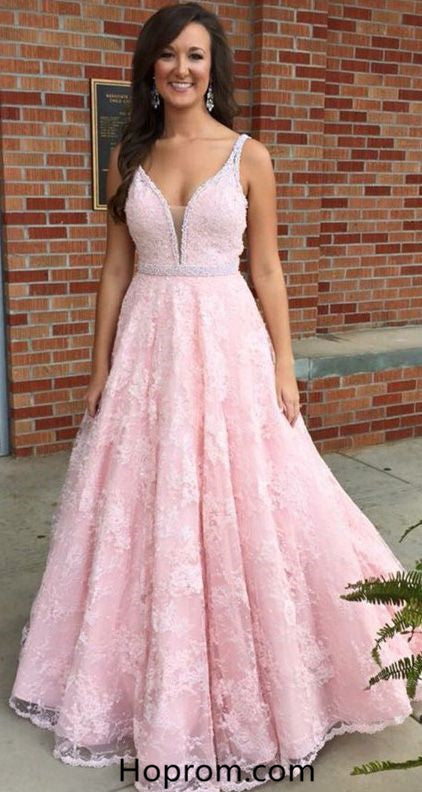 A Line Baby Pink Prom Dresses Lace and Beading Prom Dress