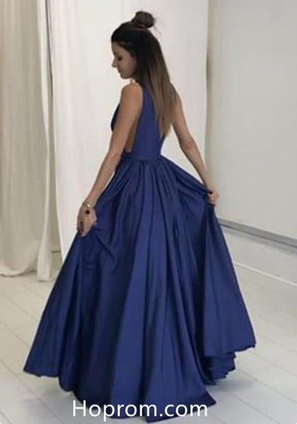 Deep V neck Blue Pleated Prom Dress