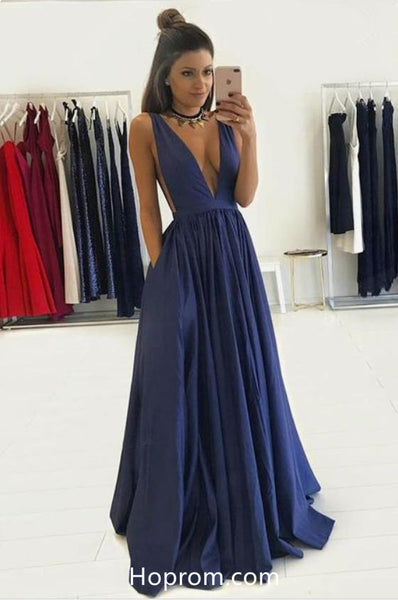 Deep V neck Blue Pleated Prom Dress