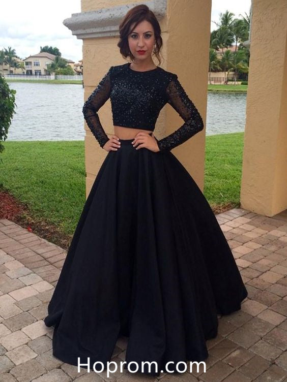 Long Sleeves Black Beading Prom Dress Two Pieces Vintage Prom Dress