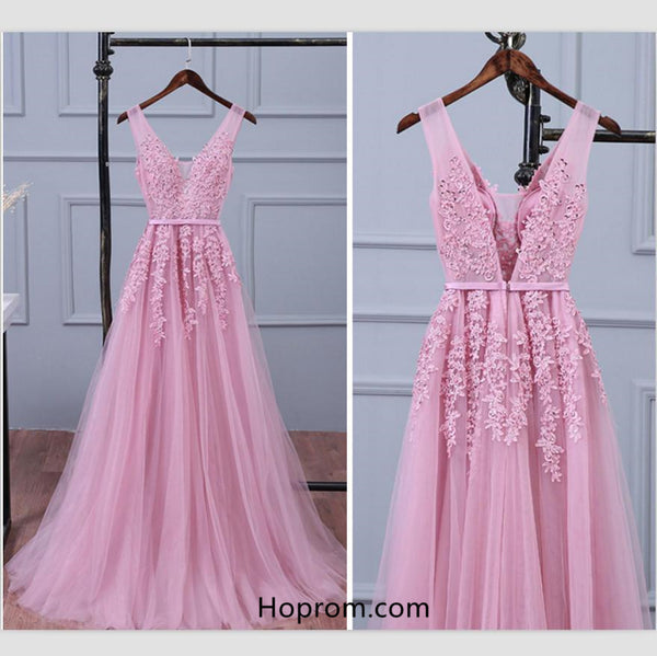 Baby Pink V-neck Tulle Prom Dresses with Appliques