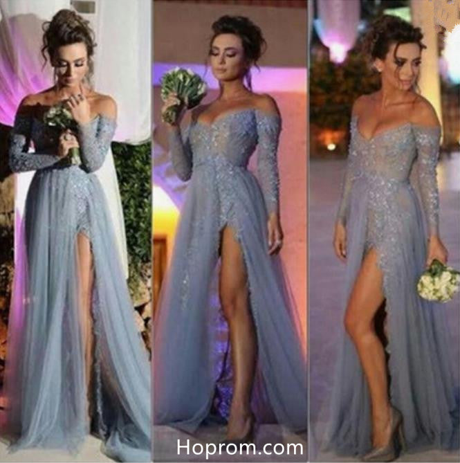 Elegant Grey Beaded Prom Dresses with Side Slit