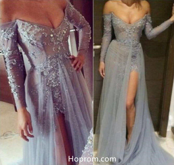 Elegant Grey Beaded Prom Dresses with Side Slit