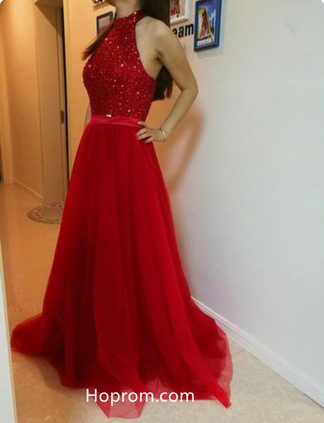 Halter Red Beading Elegant Prom Dress