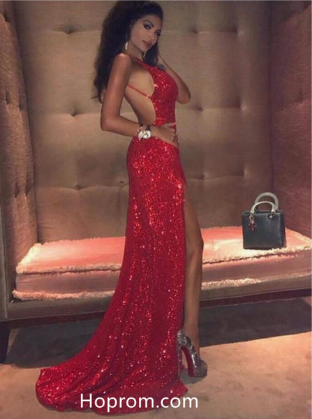 Red Sequins Mermaid Prom Dress with Split Slit