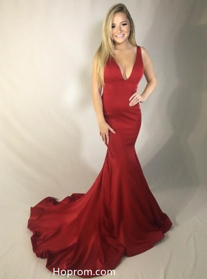 V-neck Red Long Prom Dress, Hot Evening Dress