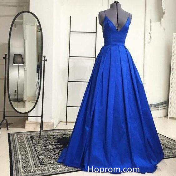 Royal Blue Prom Dresses Spaghetti Straps V Neck Formal Dress With Criss Cross