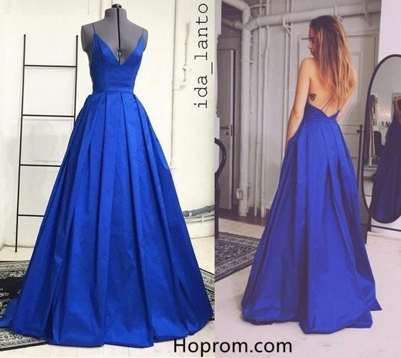 Royal Blue Prom Dresses Spaghetti Straps V Neck Formal Dress With Criss Cross
