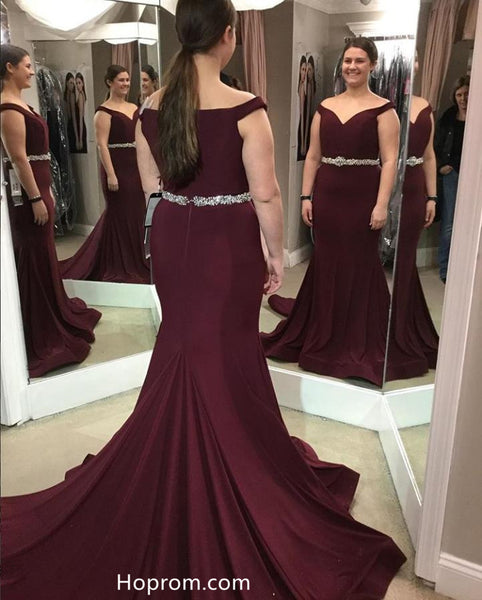 Off Shoulder Burgundy Long Prom Dresses with Beading