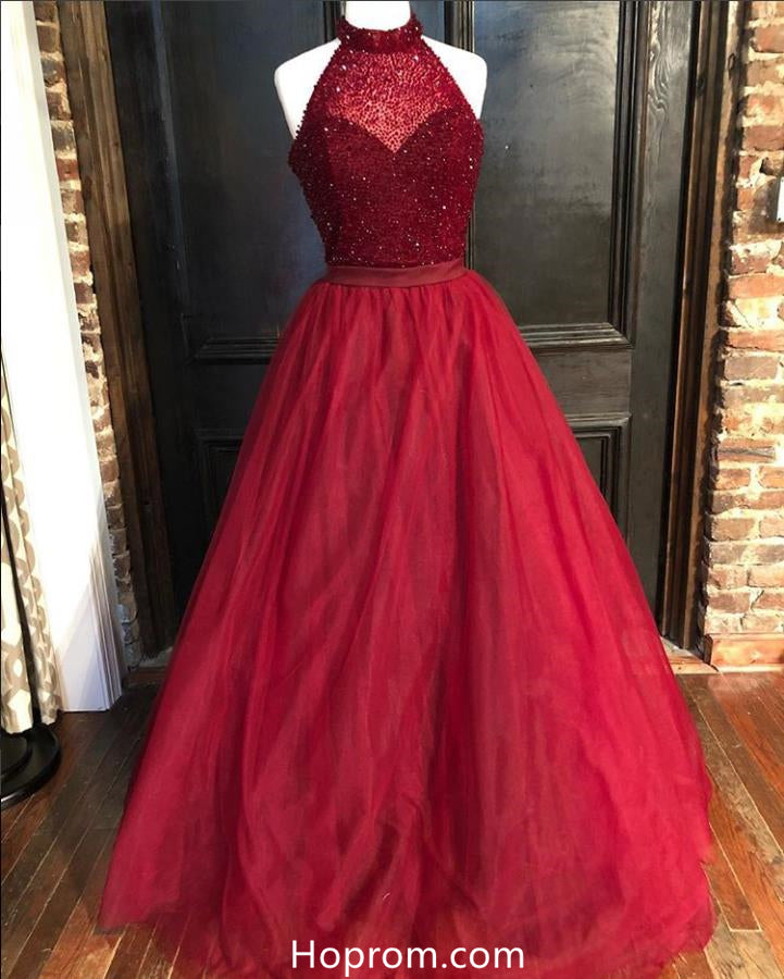 Red Halter Prom Dresses with Beadings, Elegant Formal Dress