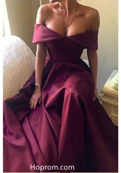 Simple Off Shoulder Burgundy Long Satin Prom Dresses