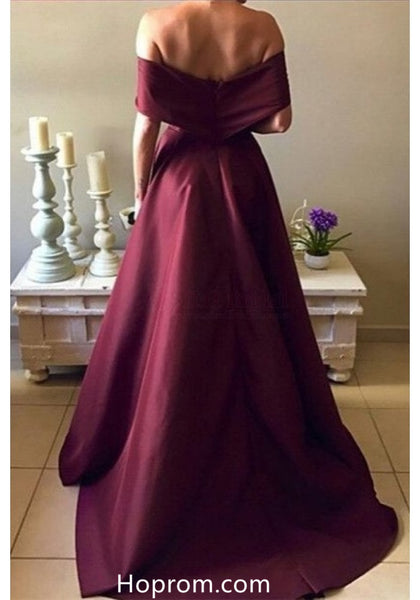Simple Off Shoulder Burgundy Long Satin Prom Dresses