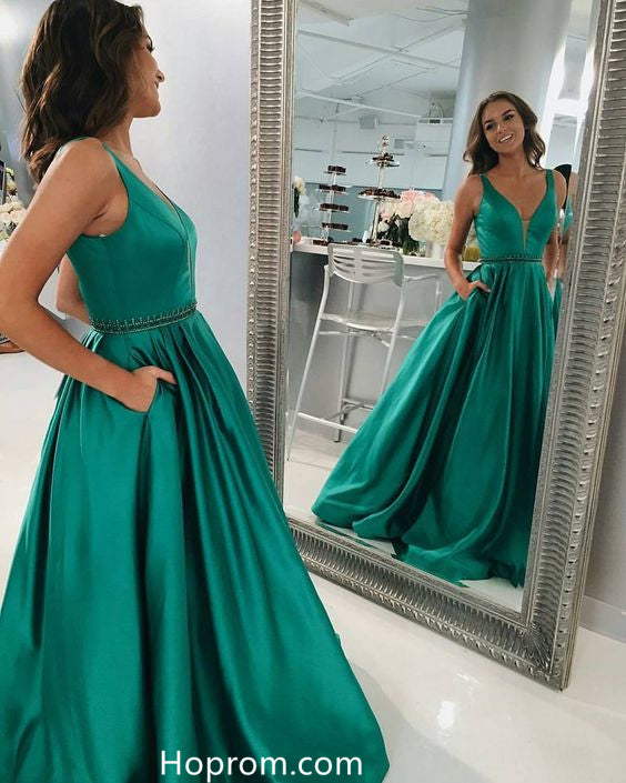 Deep V neck Long Prom Evening Dress With Pockets Beaded Waist