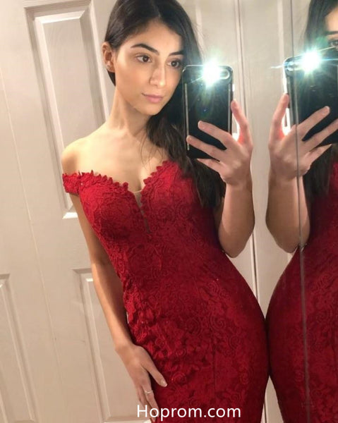 Red Off Shoulder Lace Prom Dresses