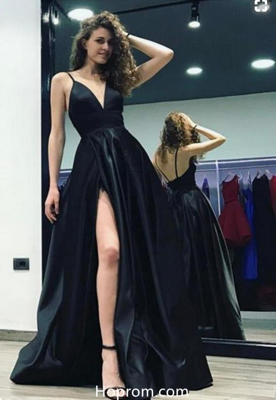 Black Spaghetti Straps Prom Dresses with Side Slit Hoprom Black Spaghetti Straps Prom Dresses with Side Slit Hoprom