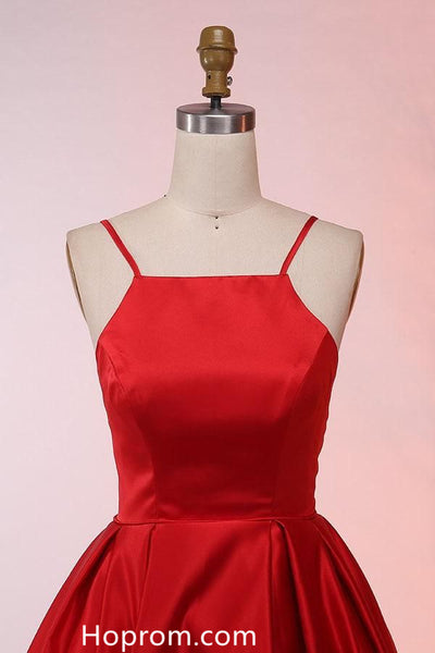 Spaghetti Straps Sweep Train Red Satin Prom Dresses