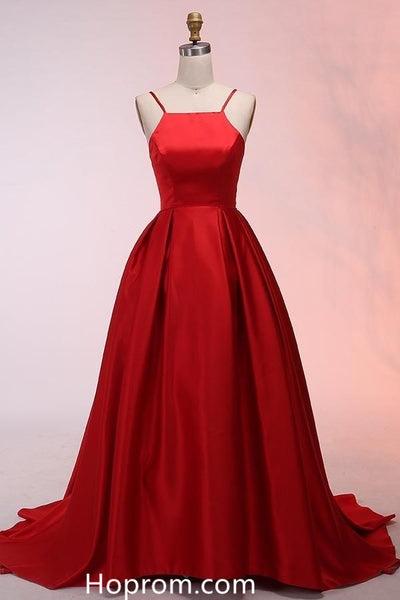 Spaghetti Straps Sweep Train Red Satin Prom Dresses