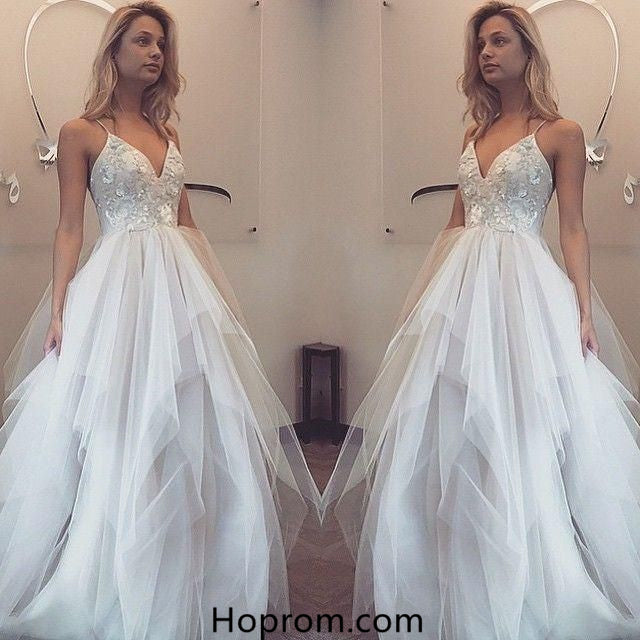 Ivory Spaghetti Straps V-neck Prom Dresses with Appliques
