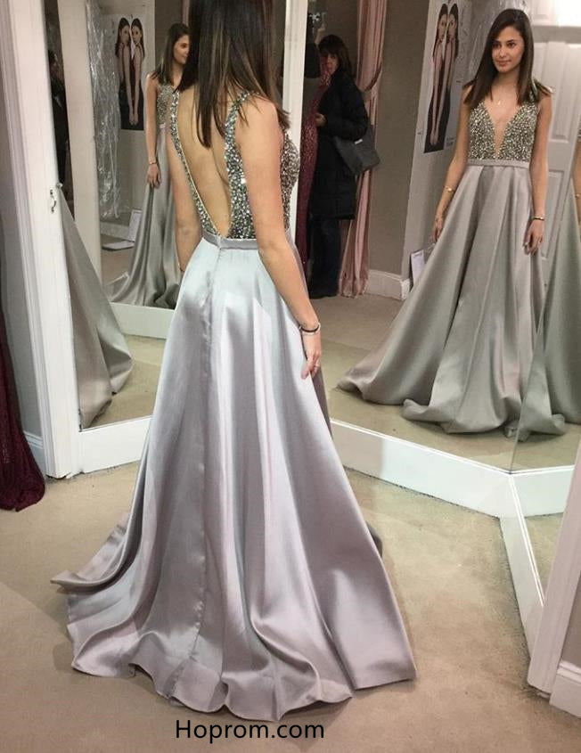 Elegant V-neck Beading Prom Dresses with Open Back – Hoprom