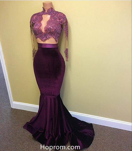 Two Piece Velvet Evening Gown Lace Prom Dresses