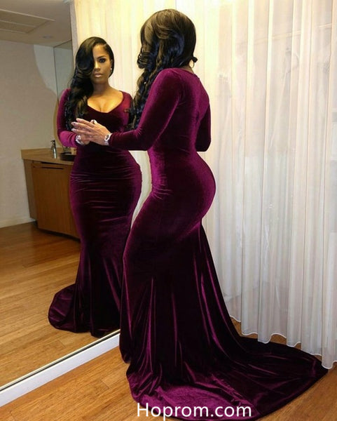 Velvet Long Sleeve Burgundy Evening Prom Dresses