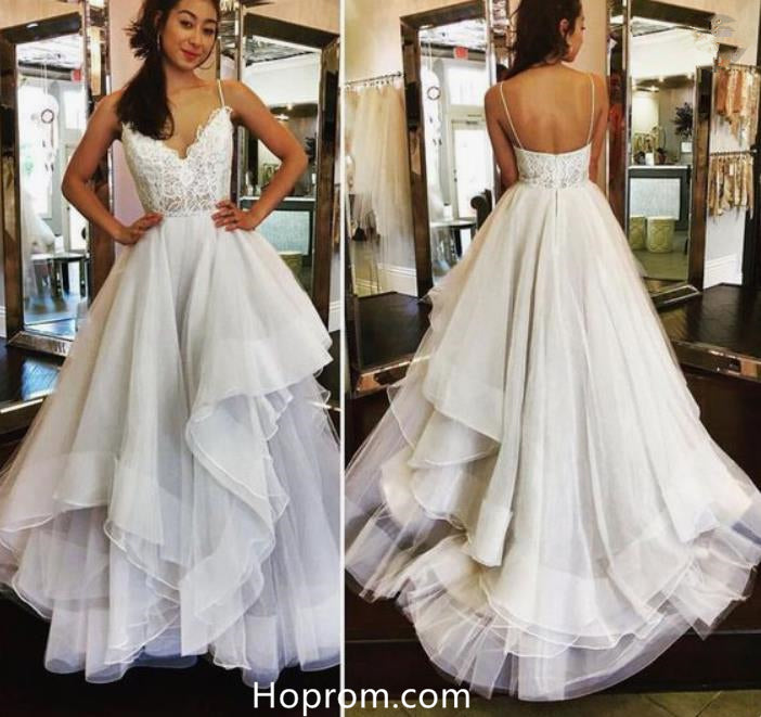 Ivory Lace Long Tulle Prom Dresses