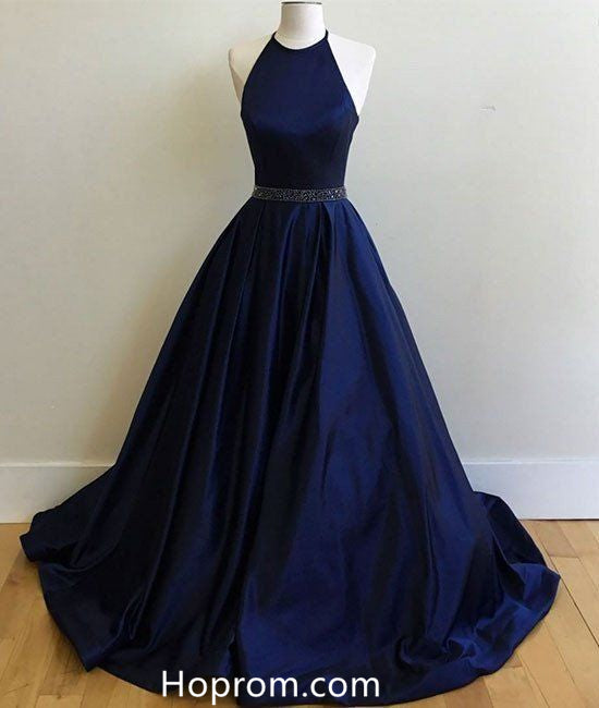 Halter A Line Blue Prom Dresses Beading Waist Evening Dresses