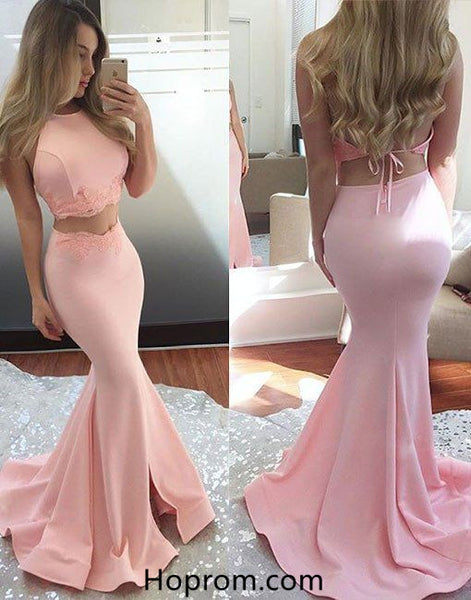 Halter Two Piece Mermaid Prom Dresses Pink Evening Dress