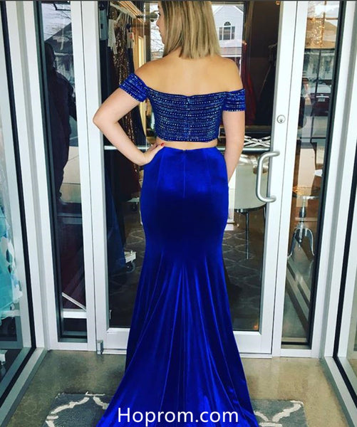 Two Piece Velvet Royal Blue Prom Dresses Evening Gowns
