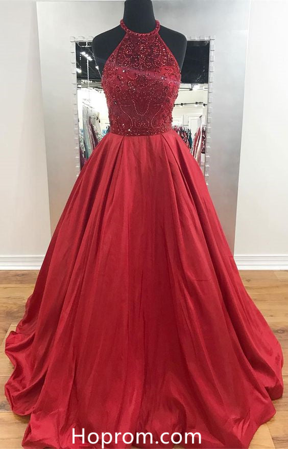 Burgundy Halter Prom Dresses A Line Beaded Evening Dresses