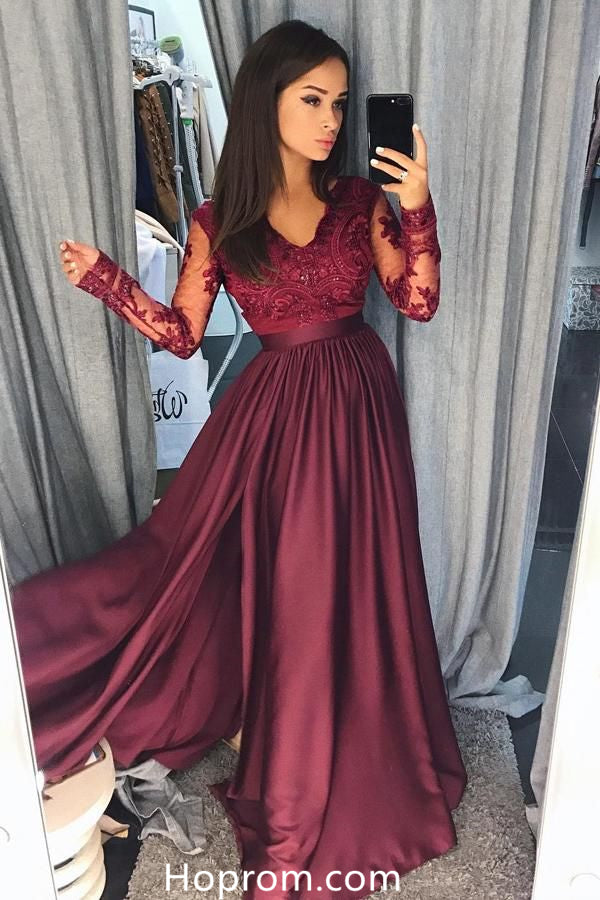 Burgundy Long Sleeves A Line Prom Dresses Evening Dresses