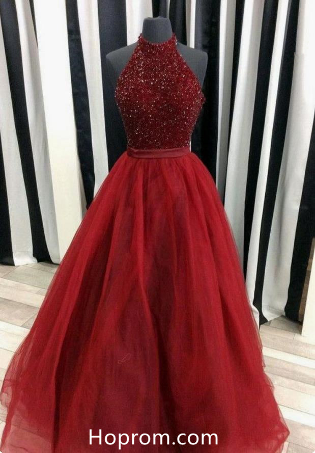 Halter Beading Burgundy Red Prom Dress Tulle Skirt