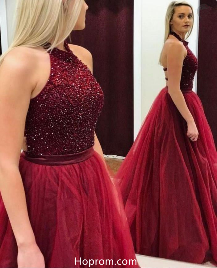 Halter Beading Burgundy Red Prom Dress Tulle Skirt – Hoprom