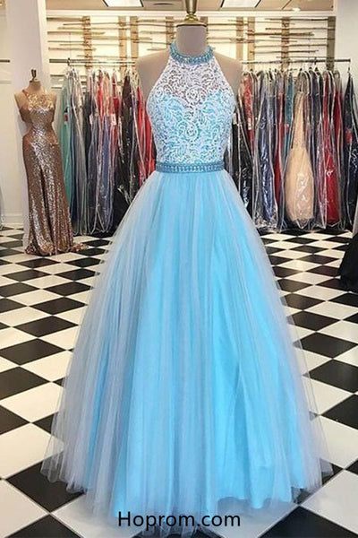 Sky Blue High Neck Lace Tulle Prom Dress