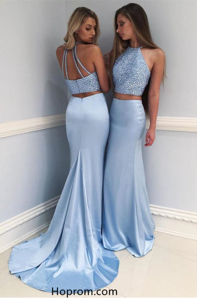 Two Piece Beading Prom Dresses Blue Mermaid Evening Dresses