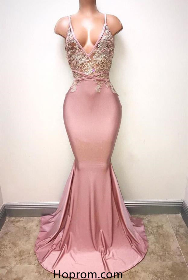 Pink V Neckline Mermaid Appliques Prom Dresses Evening Prom Gown