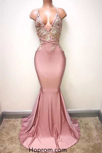 Pink V Neckline Mermaid Appliques Prom Dresses Evening Prom Gown