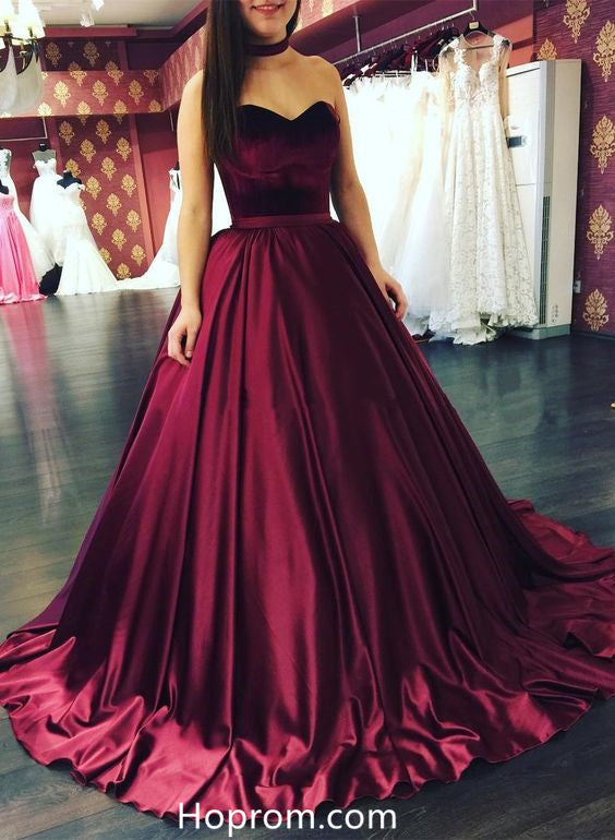 Elegant Long Burgundy Prom Dresses Strapless Sweetheart Evening Dresses