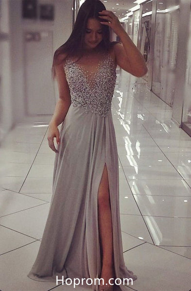 Beading Top Sexy Prom Dresses Slit Grey Evening Gown Dresses