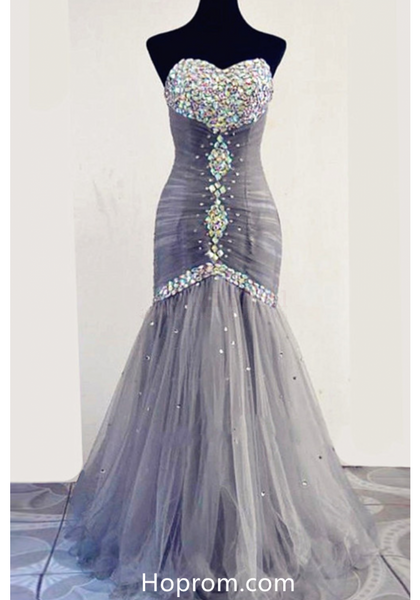 Long Light Grey Sweetheart Mermaid Prom Dresses Tulle Evening Dresses