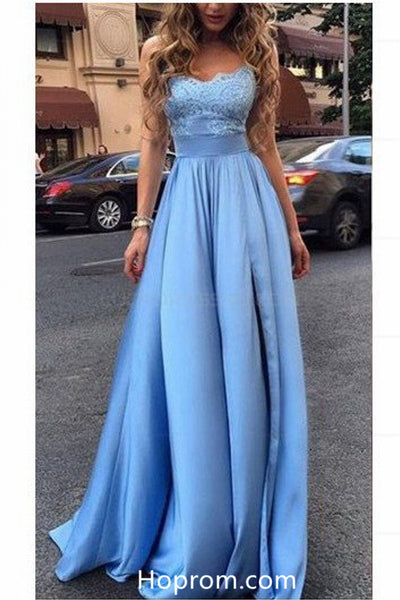 Strapless Elegant Long Blue Lace Prom Dresses Sweetheart Evening Dresses