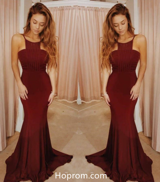 Simple Burgundy Halter Prom Dressses Mermaid Evening Dresses