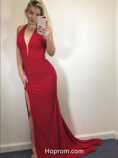 Red Jersey Prom Dresses V Neckline Slit Evening Dresses