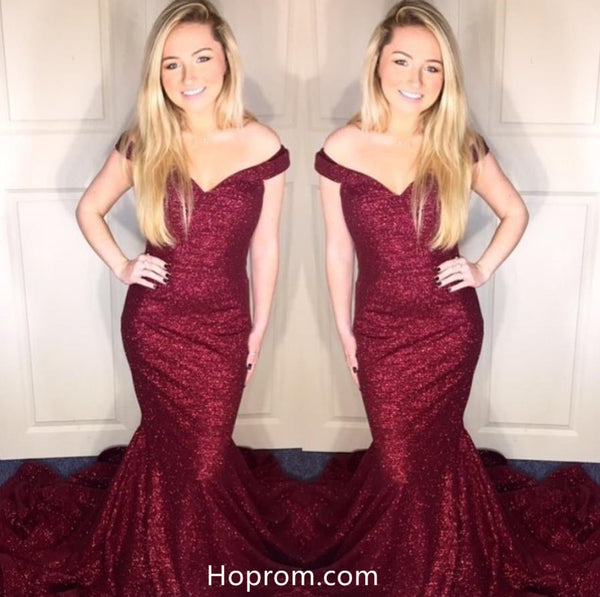 Sequine Off Shoulder Burgundy Red Prom Dresses Mermaid Evening Dresses