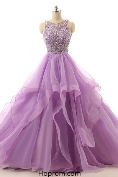 Elegant Purple Tulle Prom Dresses Beading Purple Evening Gown