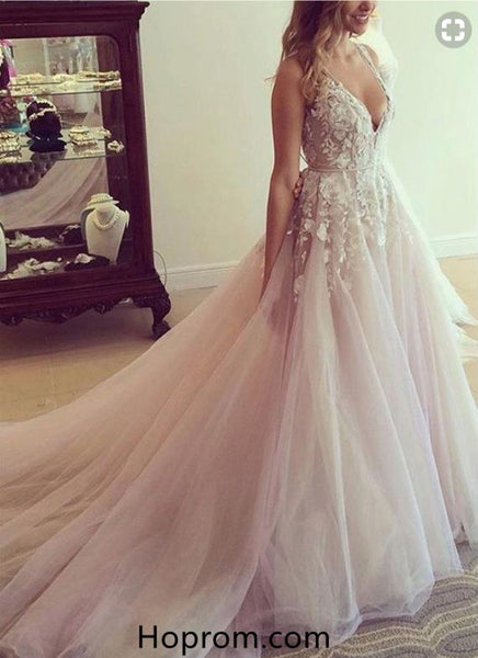 A line Sexy Open Back Blush V-neckline Lace Prom Dresses Applique Evening Dresses